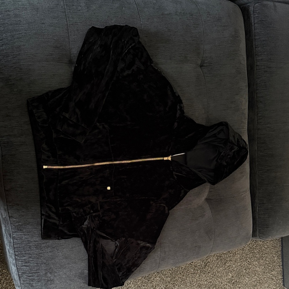 Fabletics Black Hooded Velour Jacket with Gold Zipper